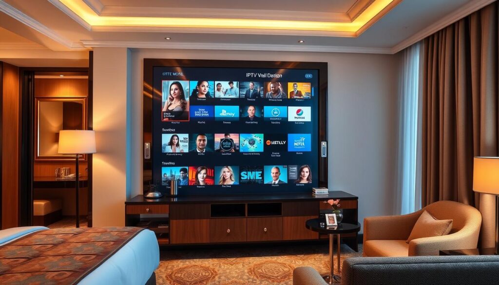 Generate an image of a luxurious hotel room with a TV displaying various IPTV channels.