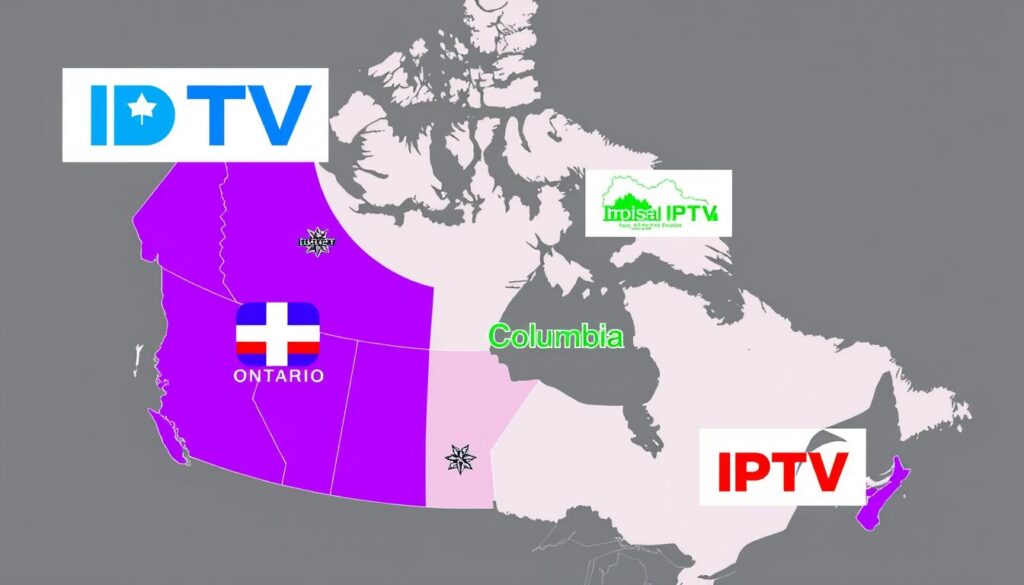 Generate an image of a map of Canada highlighting Ontario, Quebec, and BC with IPTV logos. Generate an image of a map of Canada highlighting Ontario, Quebec, and BC with IPTV logos.