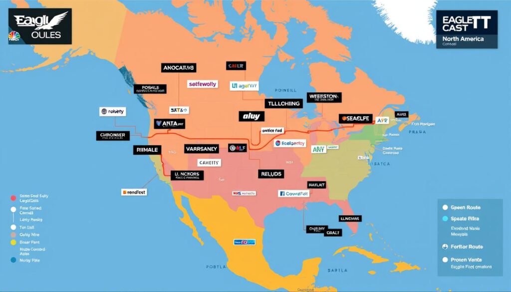Generate an image of a map of North America with various channels and sports events displayed, highlighting EagleCast TV's North American content.