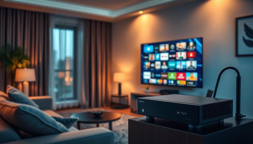 Generate an image of a modern IPTV set-top box connected to a television, showcasing a variety of channels and content on the screen.
