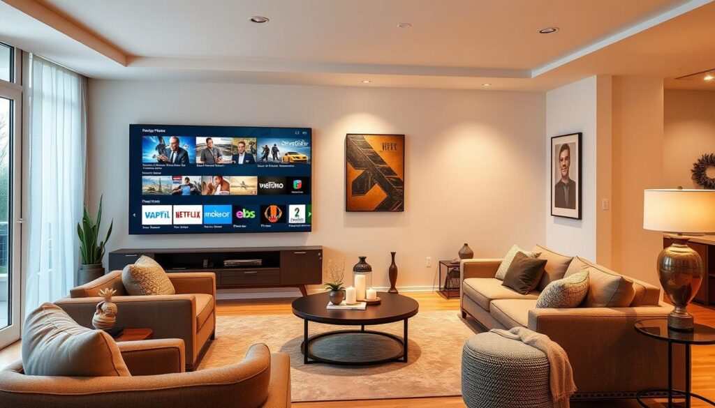 Generate an image of a modern living room with a large screen TV displaying various channels from Sonix IPTV.