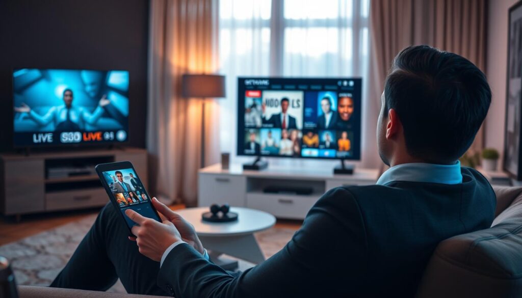 Generate an image of a person accessing a variety of content, including live TV, movies, and adult channels, on their device.