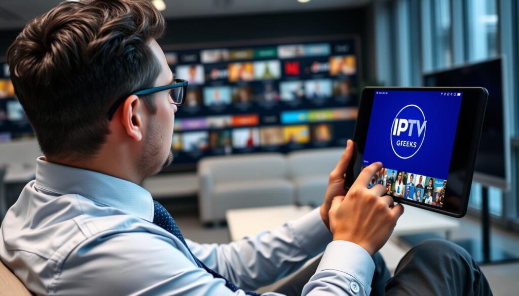 Generate an image of a person accessing a vast VOD library on their device using IPTV Geeks.