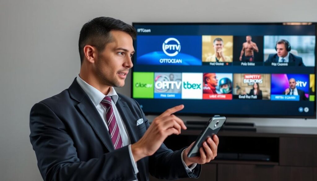 Generate an image of a person accessing various IPTV channels on their device with OTTOcean logo Generate an image of a person accessing various IPTV channels on their device with OTTOcean logo