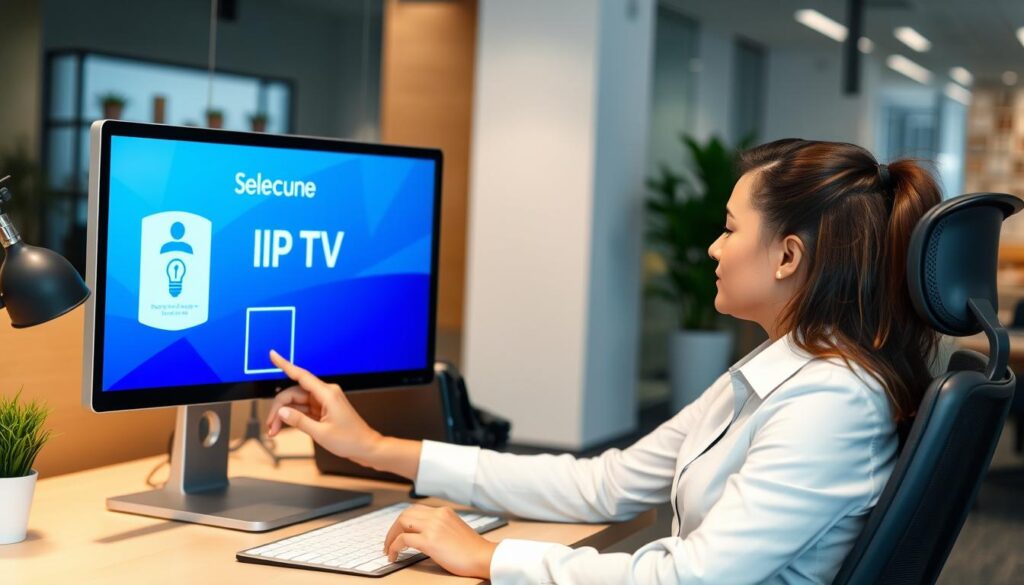 Generate an image of a person choosing a secure IPTV service on their PC.