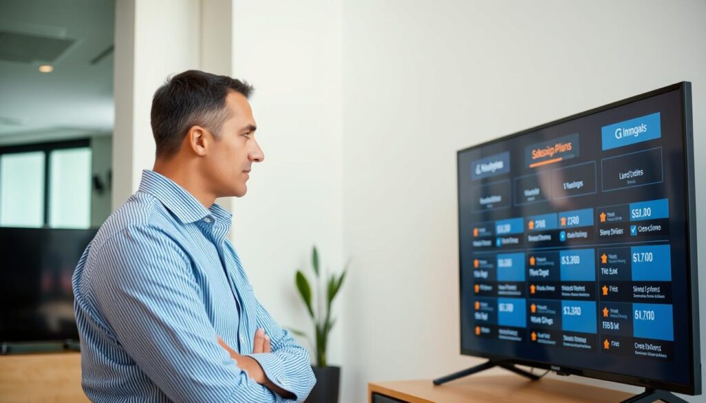 Generate an image of a person choosing a subscription plan on a TV screen Generate an image of a person choosing a subscription plan on a TV screen