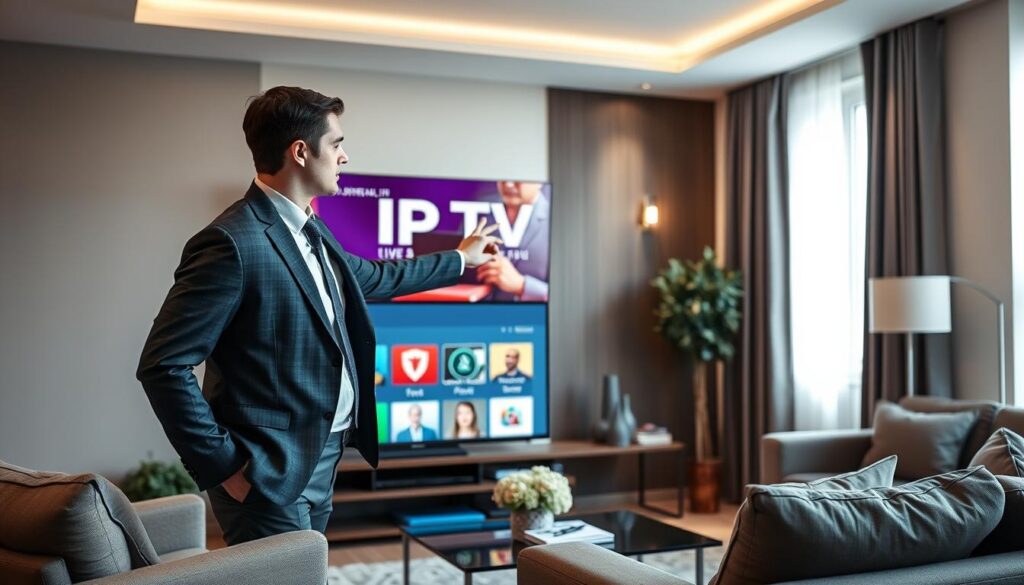Generate an image of a person choosing an IPTV service on their TV Generate an image of a person choosing an IPTV service on their TV