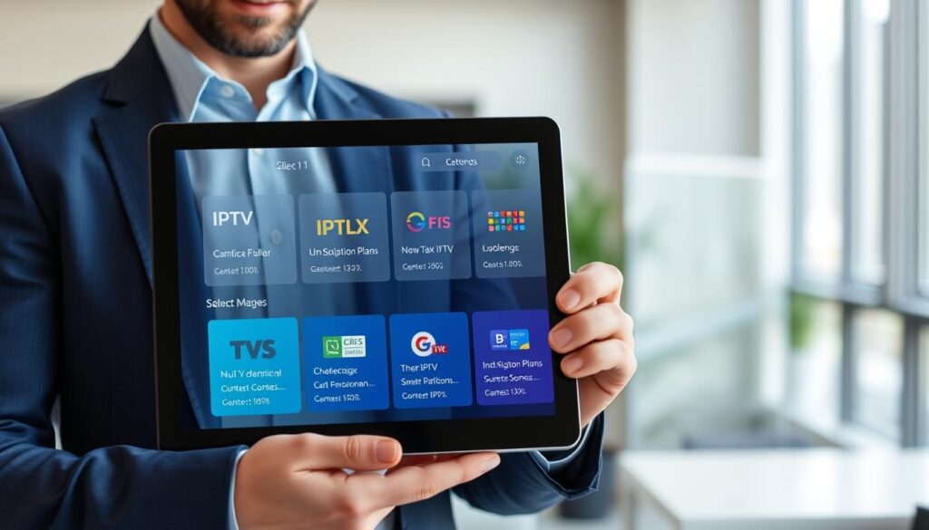 Generate an image of a person choosing from various IPTV subscription plans on a tablet.