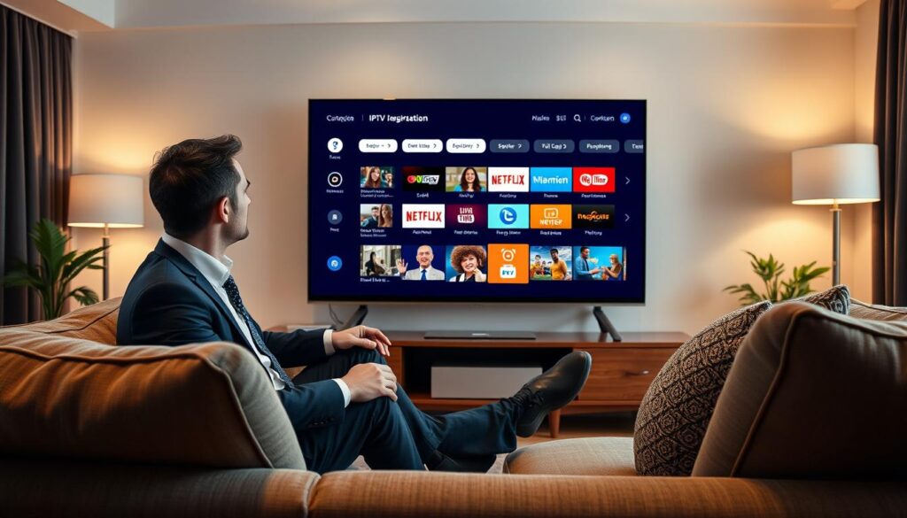 Generate an image of a person comfortably sitting on a couch, browsing through various IPTV service options on their TV screen.