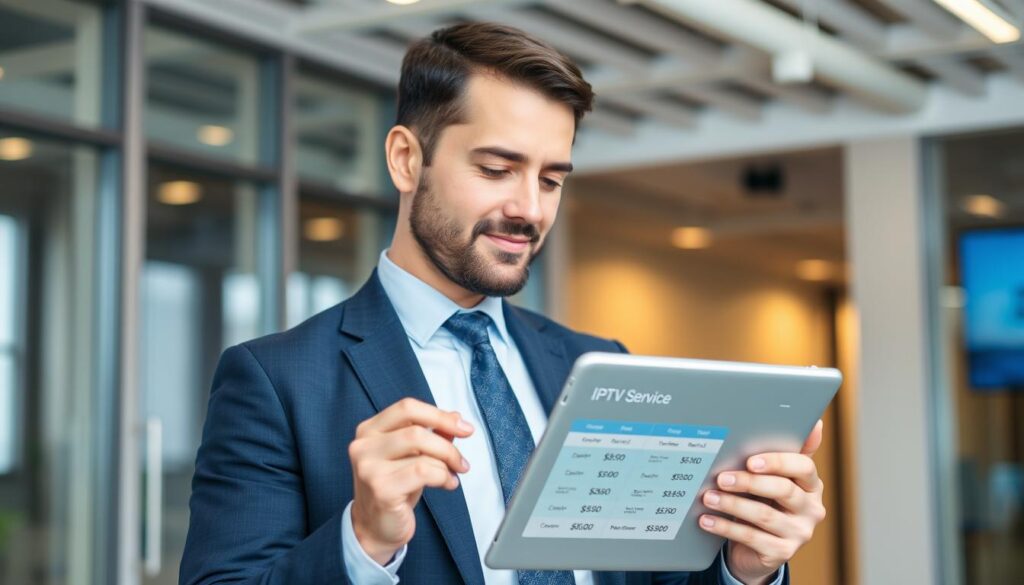 Generate an image of a person comparing IPTV service pricing plans on a tablet