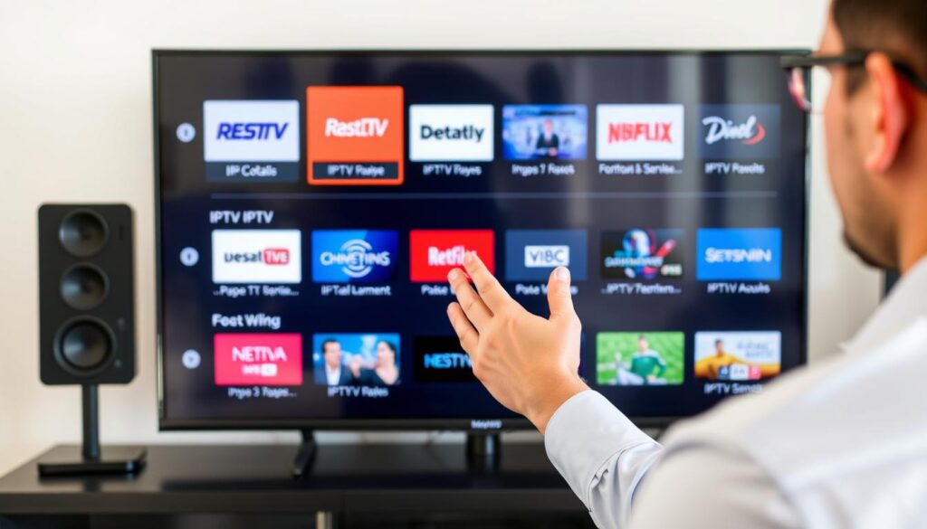 Generate an image of a person comparing different IPTV packages on a TV screen