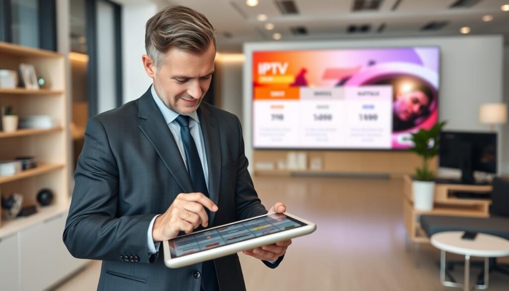 Generate an image of a person comparing different IPTV plans on a tablet