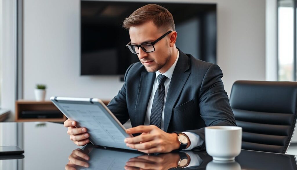 Generate an image of a person comparing different IPTV plans on a tablet