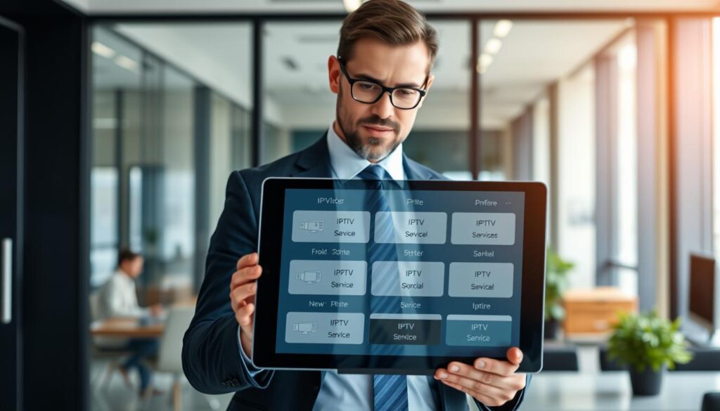 Generate an image of a person comparing different IPTV services on a tablet.