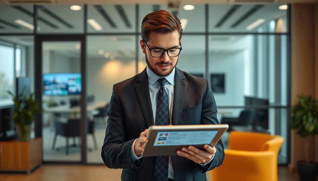 Generate an image of a person comparing different IPTV services on a tablet