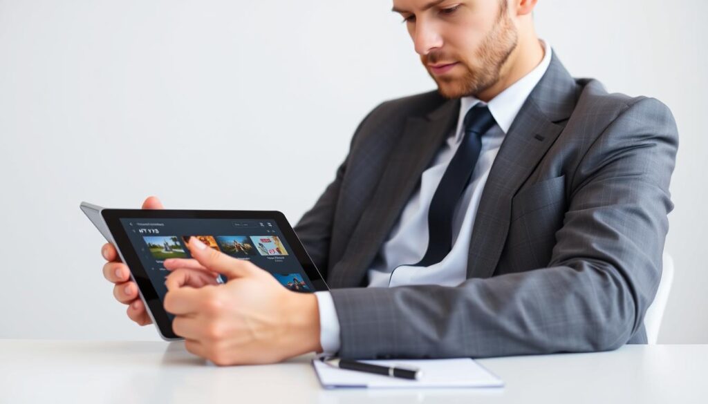 Generate an image of a person comparing different IPTV services on a tablet