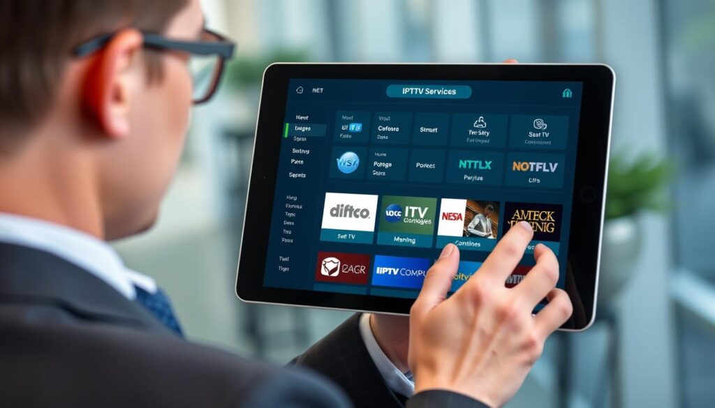Generate an image of a person comparing different IPTV services on a tablet Generate an image of a person comparing different IPTV services on a tablet