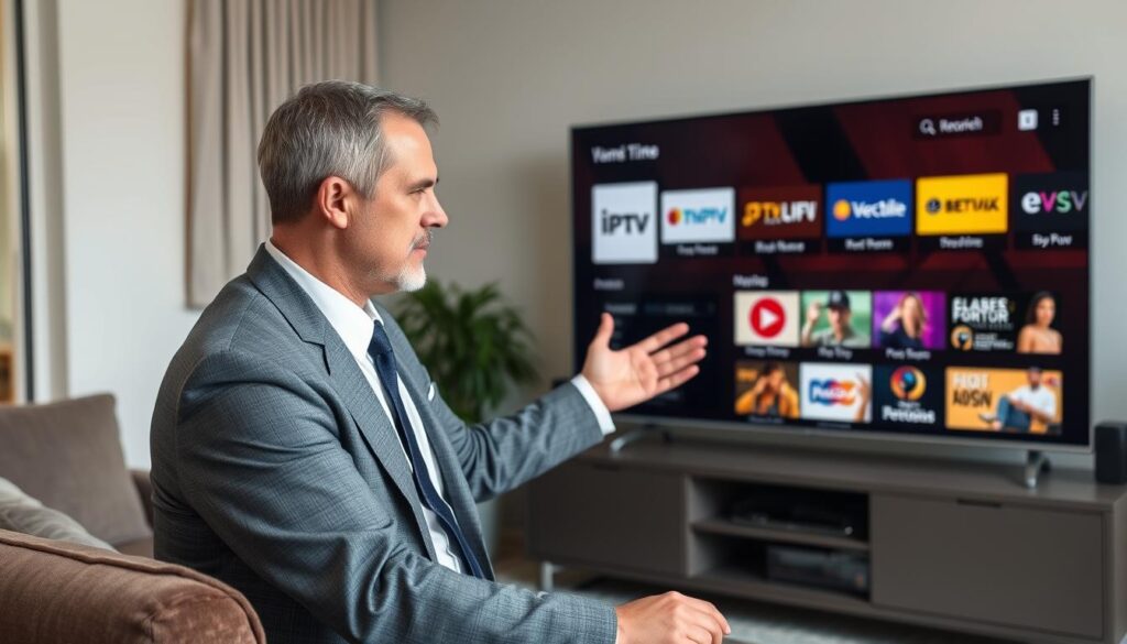 Generate an image of a person comparing different IPTV services on their TV