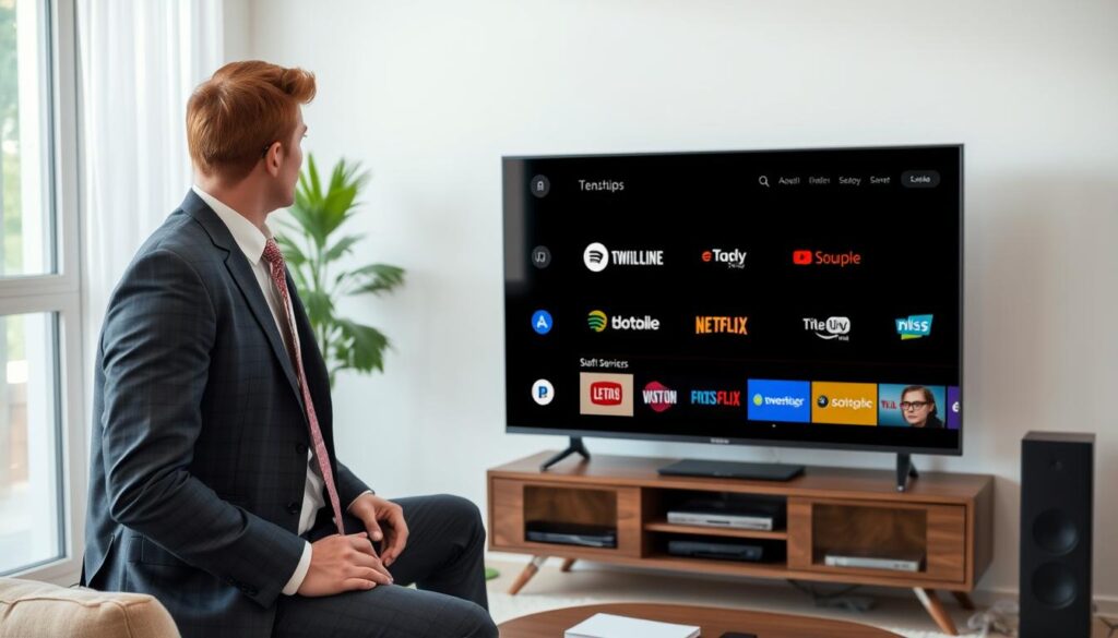 Generate an image of a person comparing different streaming services on their TV
