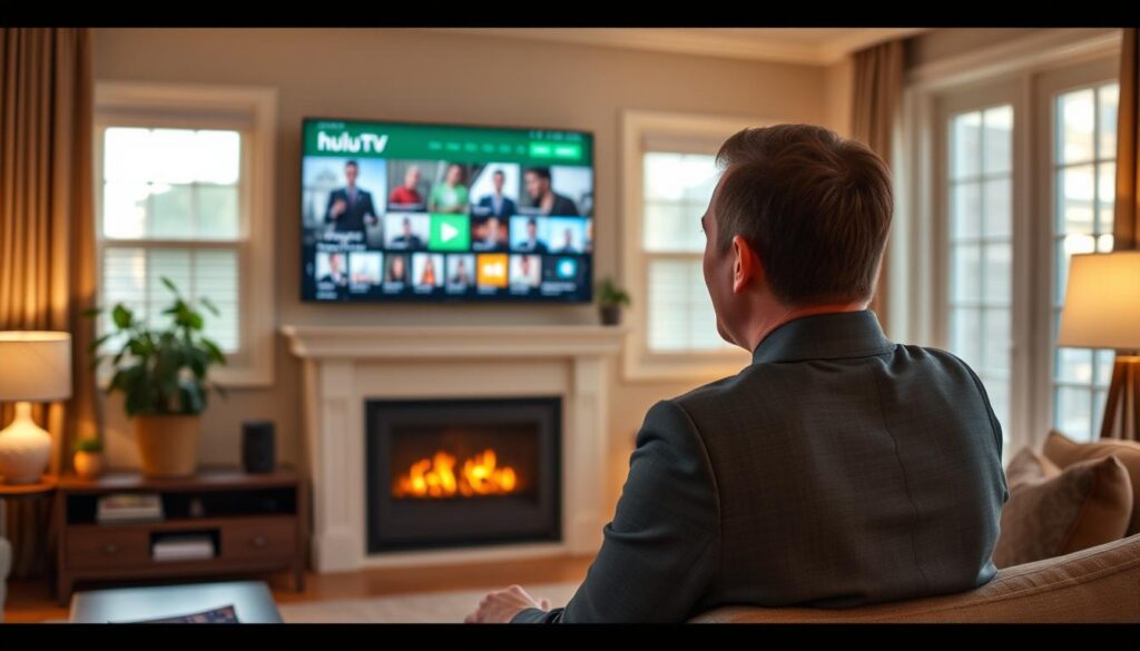Generate an image of a person enjoying Hulu + Live TV on their living room TV Generate an image of a person enjoying Hulu + Live TV on their living room TV