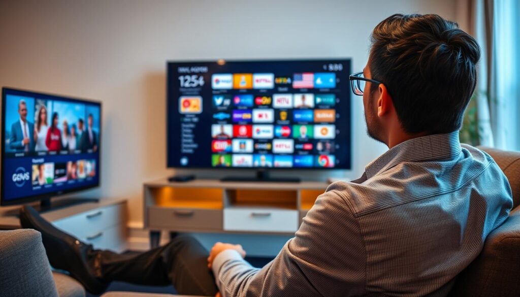 Generate an image of a person enjoying IPTV Geeks on their TV with a vast channel selection. Generate an image of a person enjoying IPTV Geeks on their TV with a vast channel selection.
