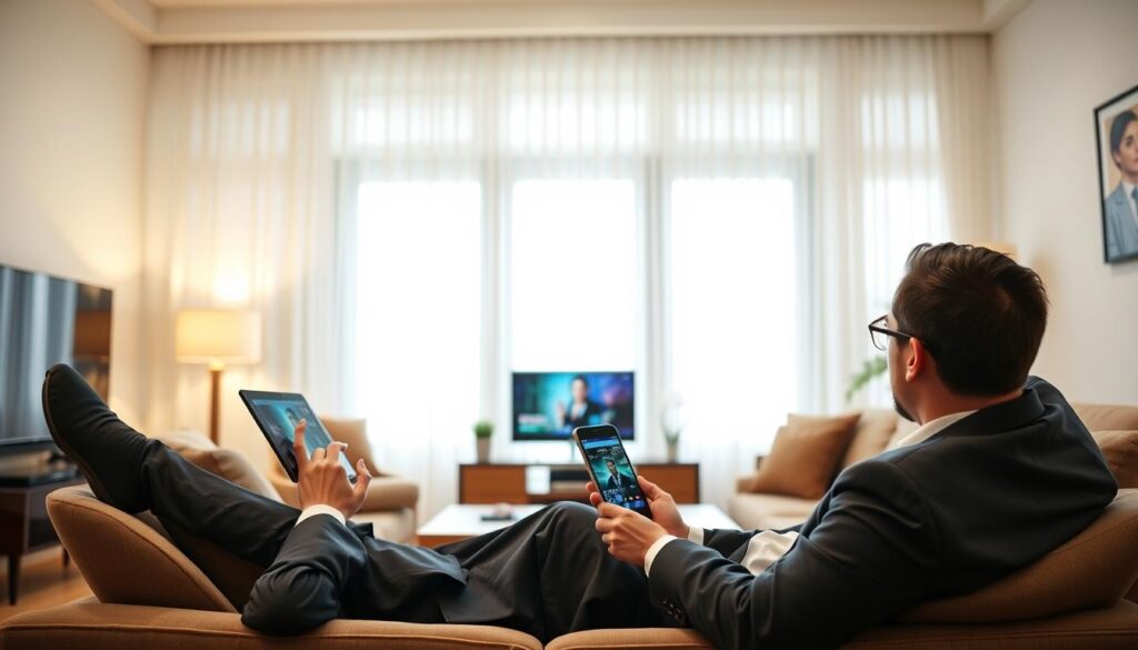 Generate an image of a person enjoying IPTV on multiple devices