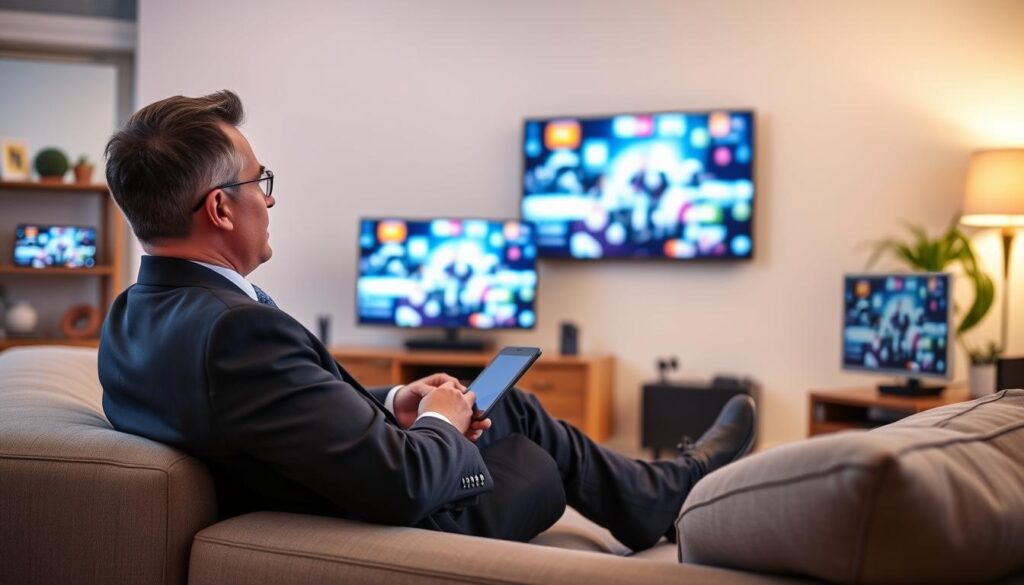 Generate an image of a person enjoying IPTV on multiple devices