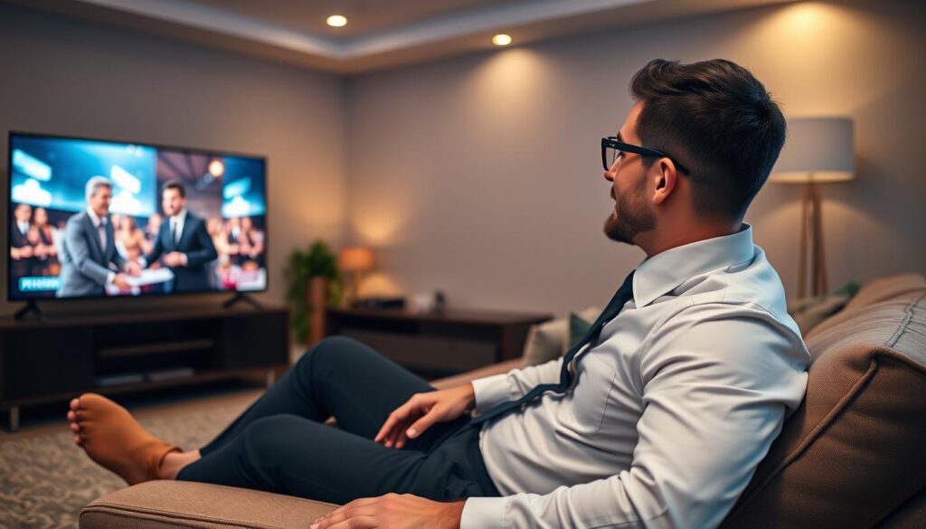Generate an image of a person enjoying a premium movie on a large screen TV.