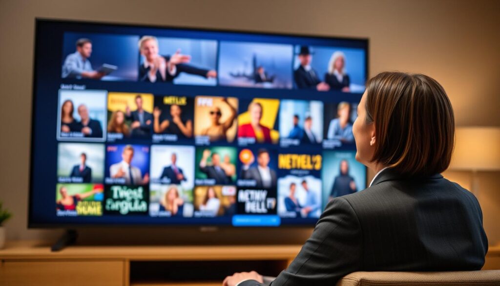 Generate an image of a person enjoying a variety of TV shows and movies on Trendyscreen Generate an image of a person enjoying a variety of TV shows and movies on Trendyscreen