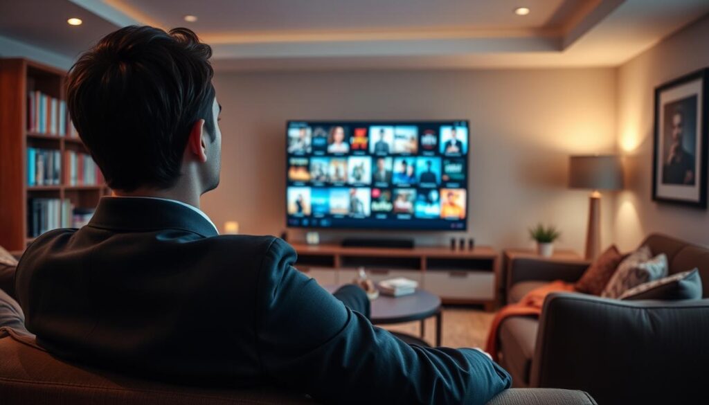 Generate an image of a person enjoying a vast library of movies and TV shows on their smart TV.