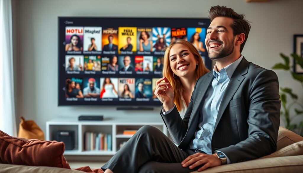 Generate an image of a person enjoying a vast library of movies and shows on their TV.