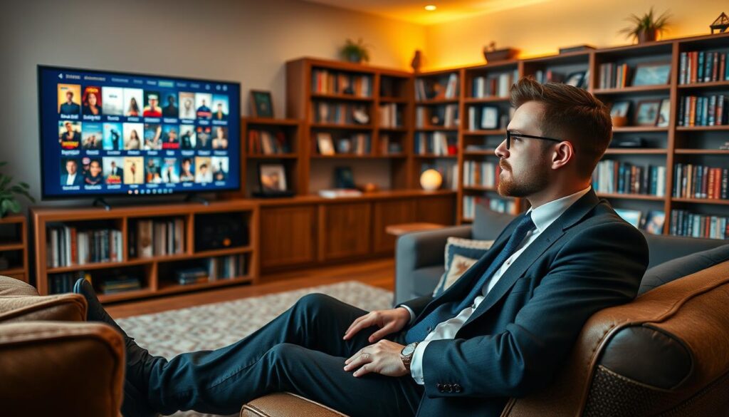 Generate an image of a person enjoying a vast movie library on their TV