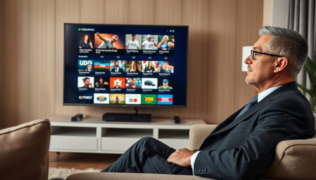 Generate an image of a person enjoying a well-rounded channel selection, including international content and sports programming.