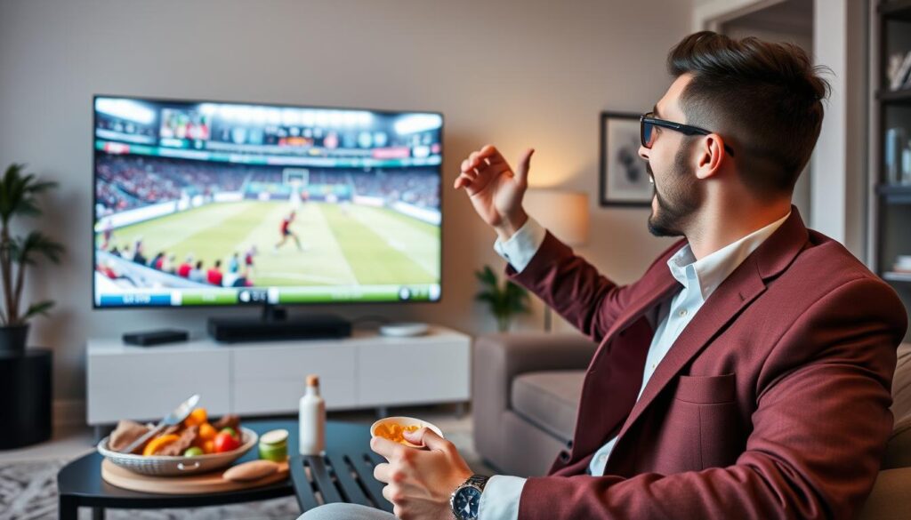 Generate an image of a person enjoying live sports and events on Bunnystream Generate an image of a person enjoying live sports and events on Bunnystream