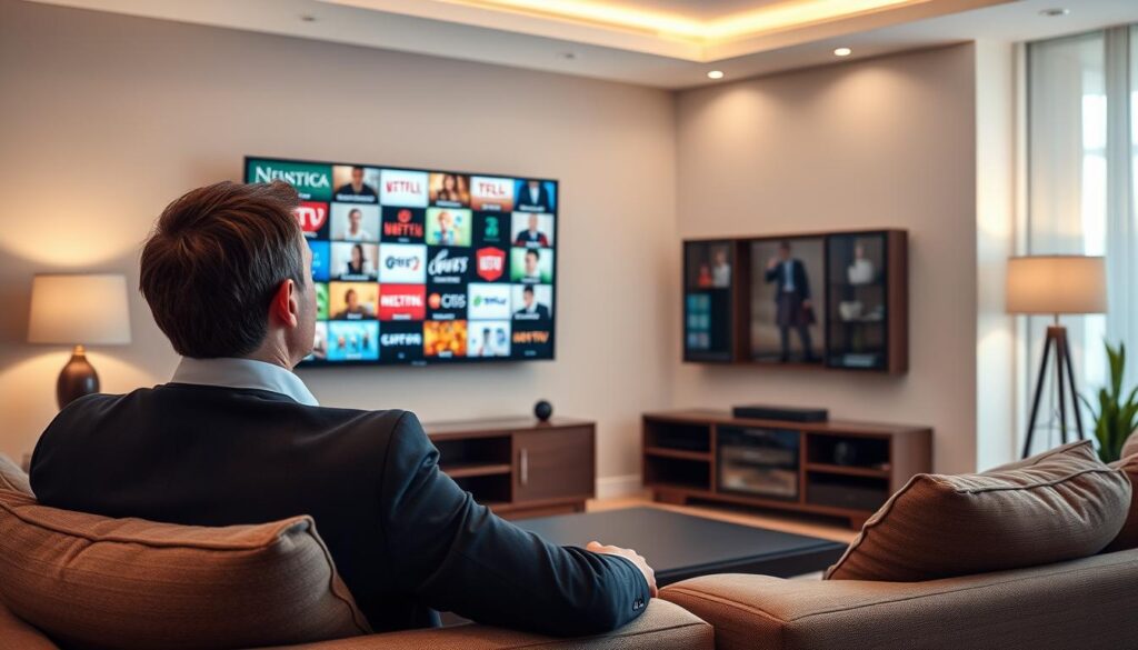 Generate an image of a person enjoying their IPTV experience with a vast channel lineup on their TV screen.