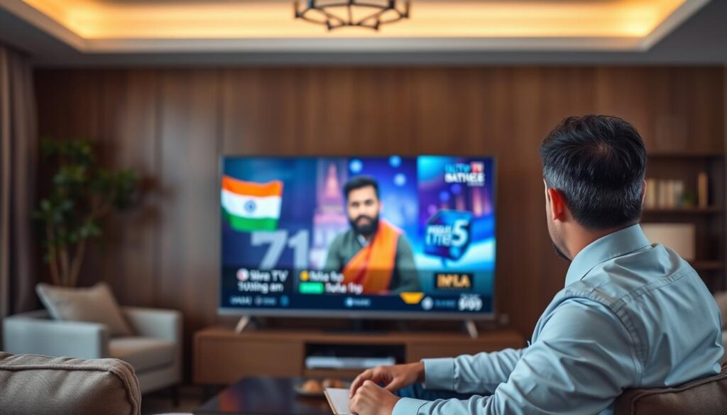 Generate an image of a person enjoying their favorite Indian TV show on a 4K Ultra HD TV. Generate an image of a person enjoying their favorite Indian TV show on a 4K Ultra HD TV.