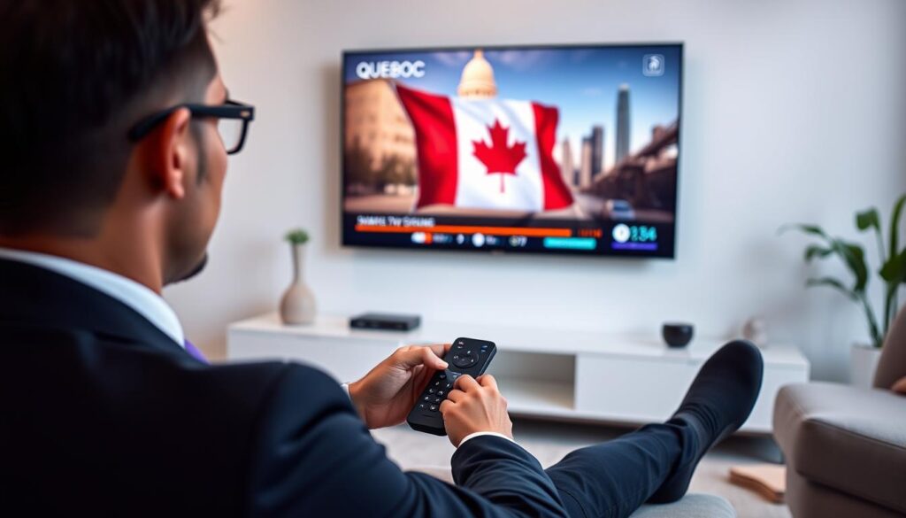 Generate an image of a person enjoying their favorite Quebec TV show on a 4K smart TV with a sleek remote control.