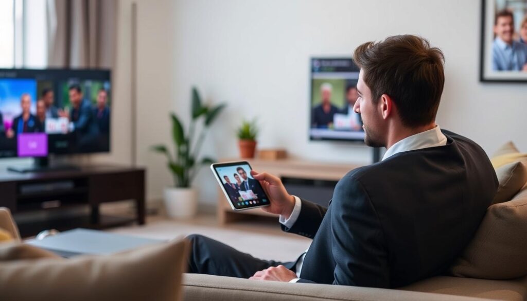 Generate an image of a person enjoying their favorite TV show on a device with a Hulu + Live TV subscription.