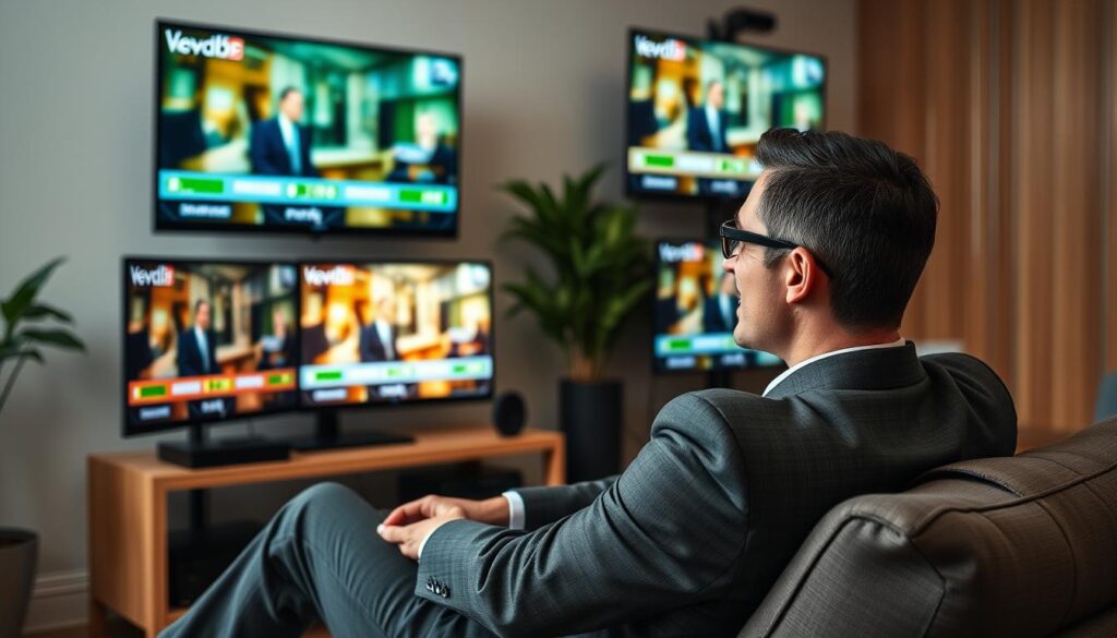 Generate an image of a person enjoying their favorite TV show on a device with multiple screens displaying different IPTV services.