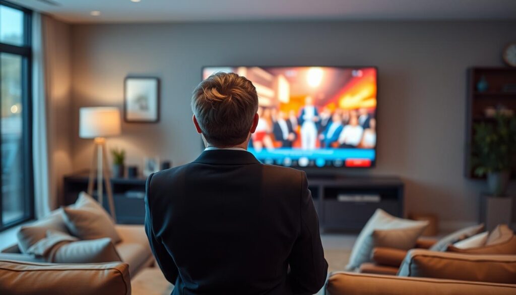 Generate an image of a person enjoying their favorite TV show on a large screen