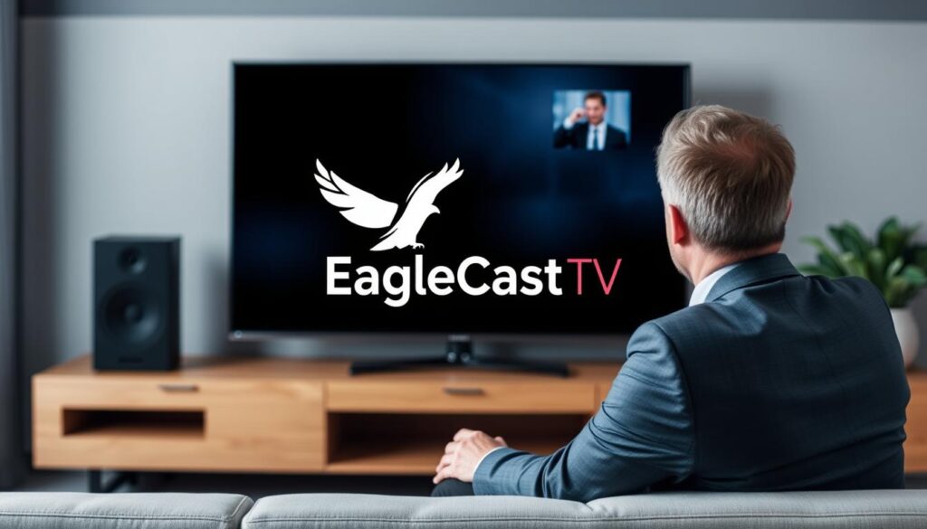 Generate an image of a person enjoying their favorite TV show on a large screen with EagleCast TV logo Generate an image of a person enjoying their favorite TV show on a large screen with EagleCast TV logo