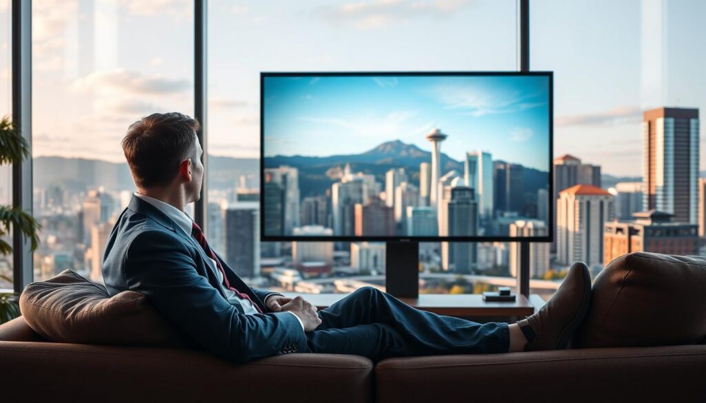 Generate an image of a person enjoying their favorite TV show on a large screen with a cityscape background representing Vancouver.