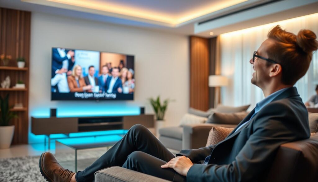 Generate an image of a person enjoying their favorite TV show on a large screen with a satisfied expression, symbolizing the best overall performance.