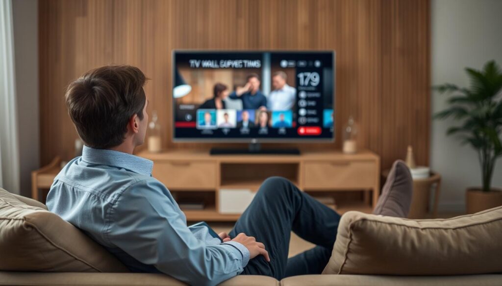 Generate an image of a person enjoying their favorite TV show on a large screen with a stable and clear stream.