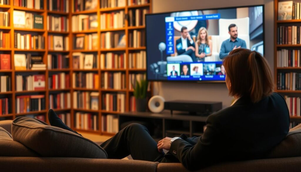 Generate an image of a person enjoying their favorite TV show on a large screen with a vast library of content displayed.