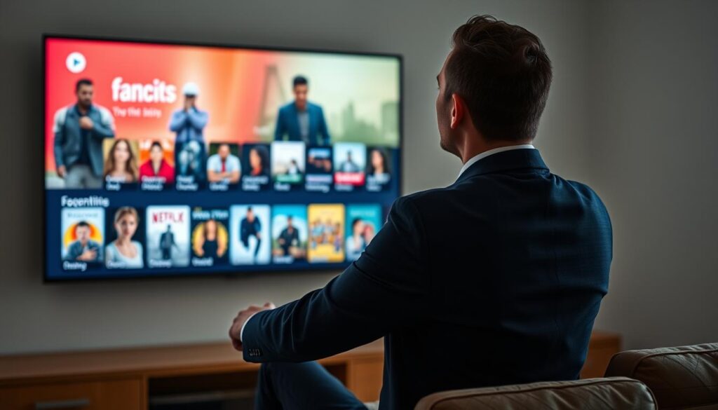 Generate an image of a person enjoying their favorite TV show on a large screen with a vast library of content displayed. Generate an image of a person enjoying their favorite TV show on a large screen with a vast library of content displayed.