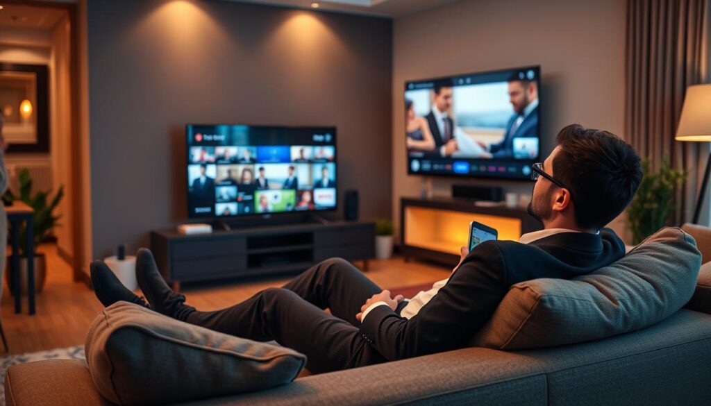 Generate an image of a person enjoying their favorite TV show on a smart TV using IPTV Lux.