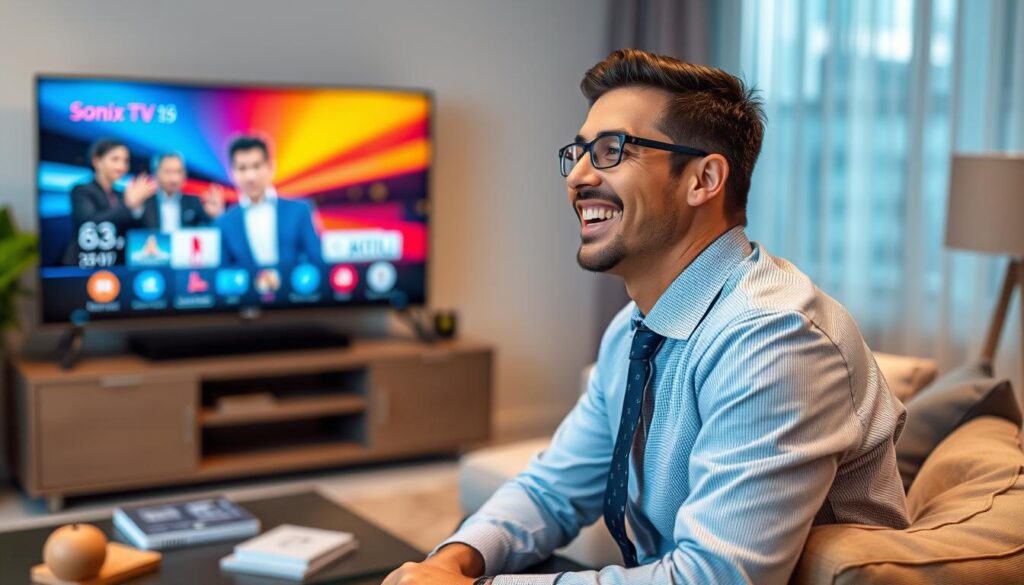 Generate an image of a person enjoying their favorite TV show on a smart TV using Sonix IPTV.