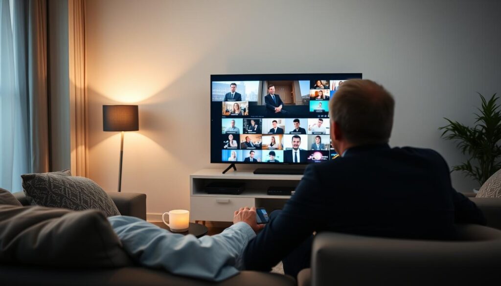 Generate an image of a person enjoying their favorite TV show on a smart TV with multiple screens open.