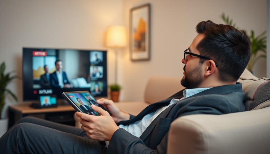 Generate an image of a person enjoying their favorite TV show on an Android device with IPTV Player Expert - Smart 4K.